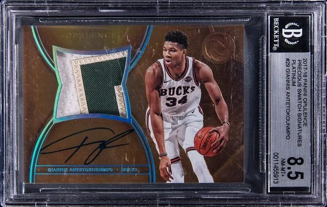2017-18 Panini Giannis Antetokounmpo Opulence Precious Swatch Signatures Platinum #PS-GAN card image