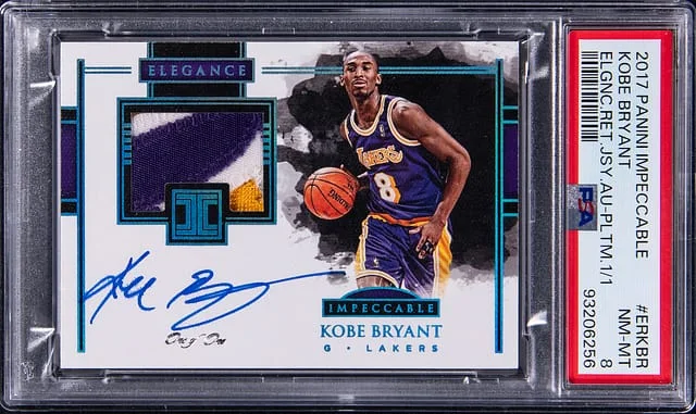 2017-18 Panini Impeccable Kobe Bryant Elegance Retired Jersey Autographs Platinum #ER-KBR card image