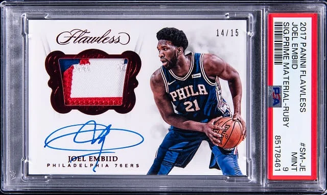 2017-18 Panini Joel Embiid Flawess Signature Prime Materials Ruby #SM-JE card image