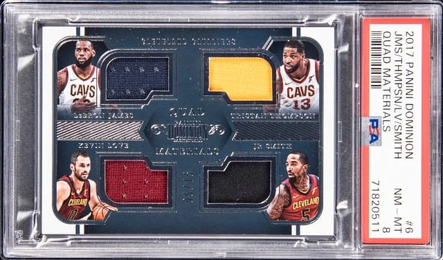2017-18 Panini LeBron James/Tristan Thompson/Kevin Love/JR Smith Dominion Quad Materials #6 card image