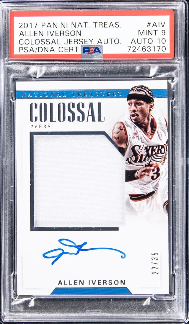 2017-18 Panini National Treasures Allen Iverson Colossal Jersey Autograph #CJA-AIV card image