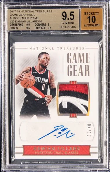 2017-18 Panini National Treasures Damian Lillard Game Gear Relic Autographs Prime #GG-DLL card image