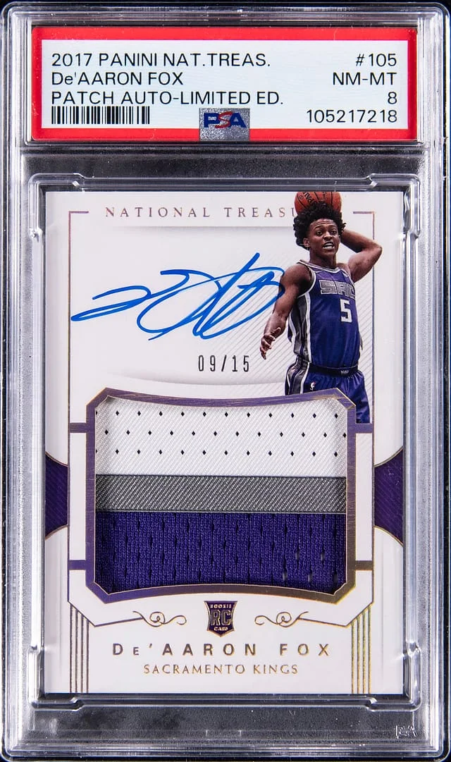 2017-18 Panini National Treasures De'Aaron Fox Patch Autograph Limited Edition #105 card image