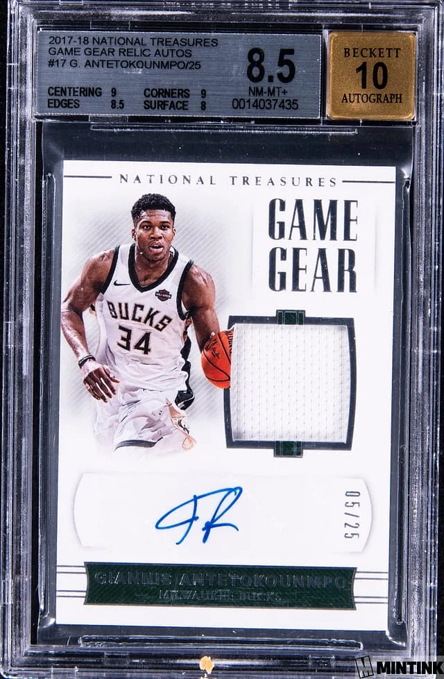 2017-18 Panini National Treasures Giannis Antetokounmpo Game Gear Relic Autograph #GG-GAN card image