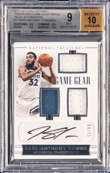 2017-18 Panini National Treasures Karl-Anthony Towns Game Gear Triple Relic Autographs #GGT-KAT card image