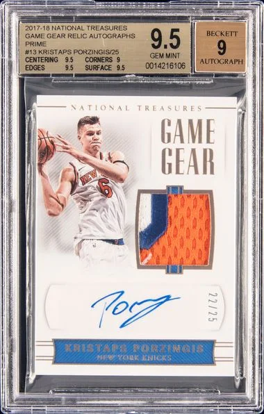 2017-18 Panini National Treasures Kristaps Porzingis Game Gear Relic Autographs Prime #GG-KPZ card image