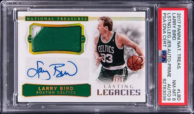 2017-18 Panini National Treasures Larry Bird Lasting Legacies Jersey Autograph Prime #LL-LBD card image