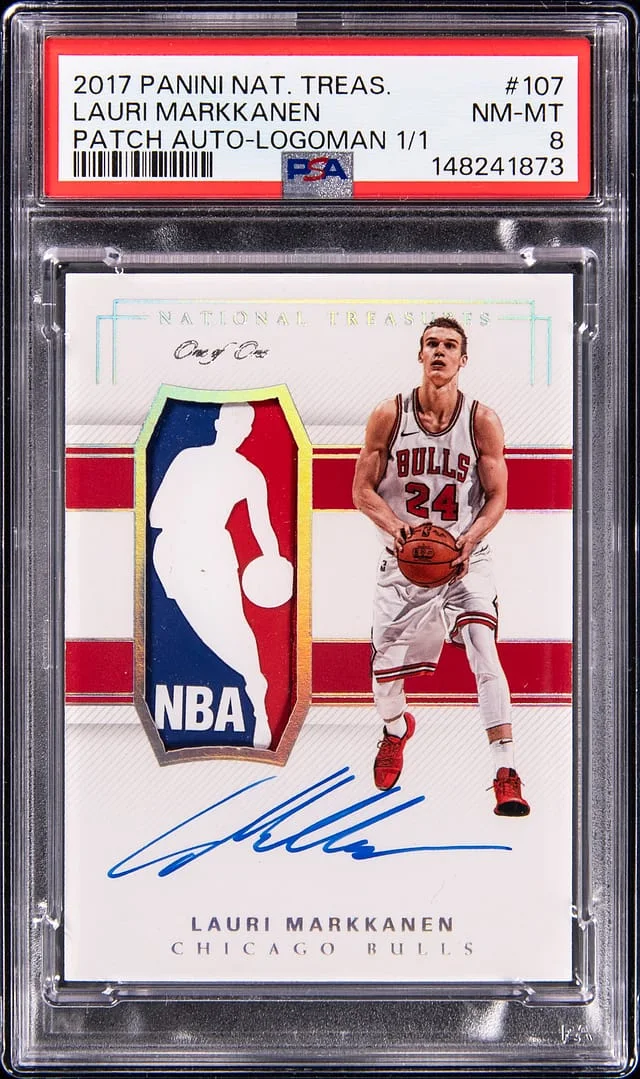 2017-18 Panini National Treasures Lauri Markkanen Patch Autograph (RPA) Logoman #107 card image