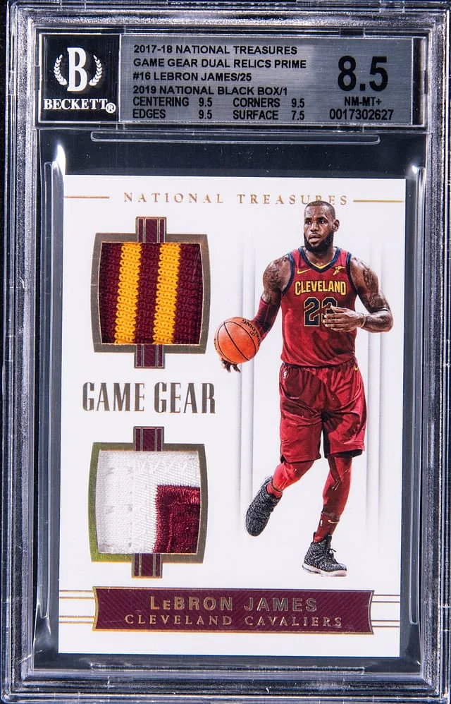 2017-18 Panini National Treasures LeBron James Game Gear Dual Relics Prime '19 National Black Box #16 card image