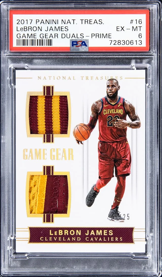 2017-18 Panini National Treasures LeBron James Game Gear Duals Prime #GGD-16 card image