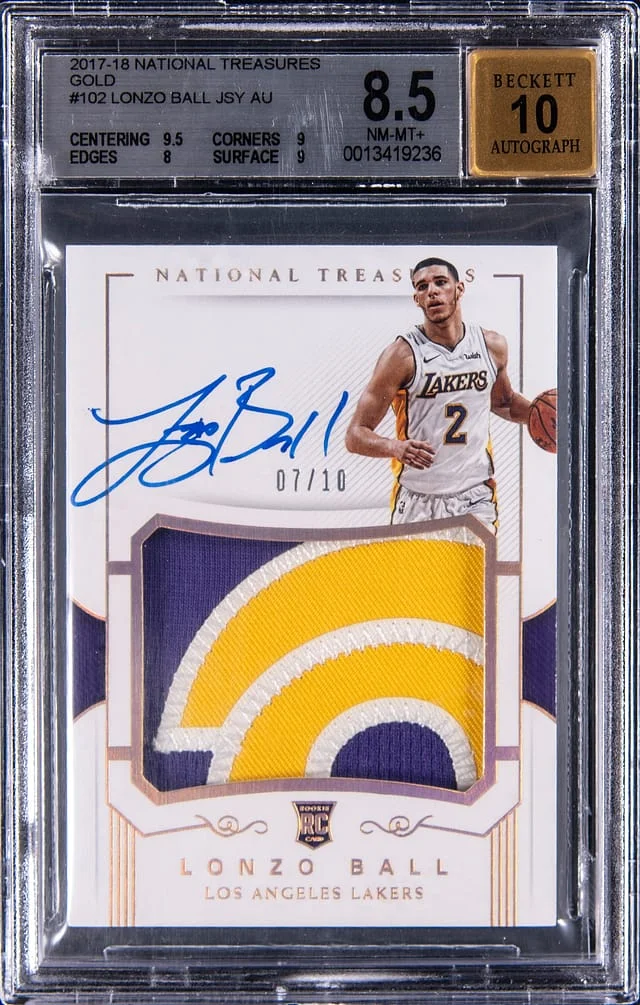 2017-18 Panini National Treasures Lonzo Ball Patch Autograph (RPA) Gold #102 card image