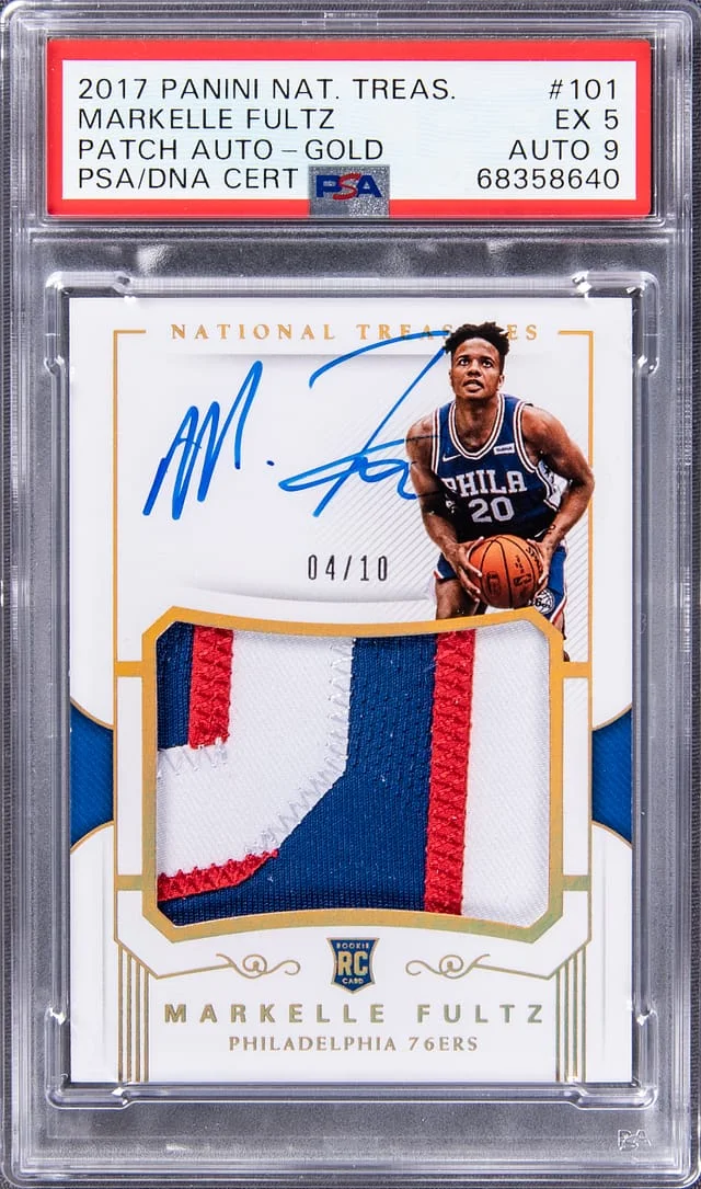 2017-18 Panini National Treasures Markelle Fultz Patch Autograph (RPA) Gold #101 card image