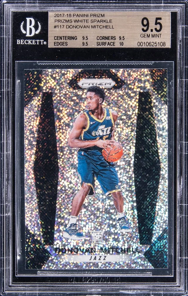 2017-18 Panini Prizm Donavan Mitchell White Sparkle Prizm #117 card image