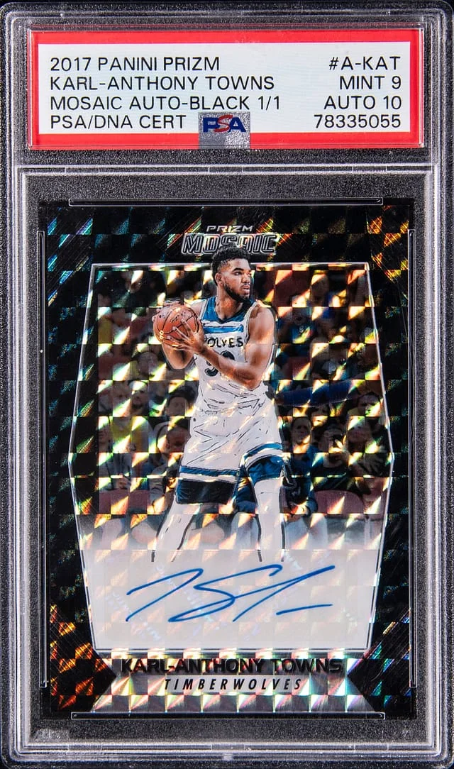 2017-18 Panini Prizm Karl-Anthony Towns Mosaic Autograph Black Prizm #A-KAT card image