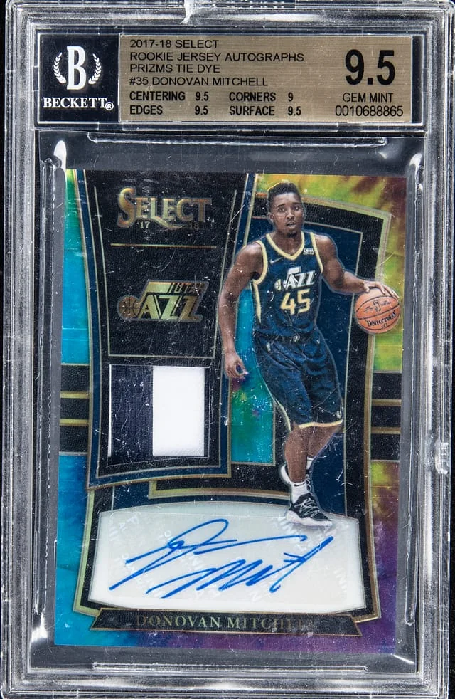 2017-18 Panini Select Donovan Mitchell Jersey Autograph Tie-Dye Prizm #RJA-DML card image