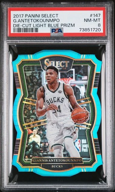 2017-18 Panini Select Giannis Antetokounmpo Die-Cut Light Blue Prizm #147 card image