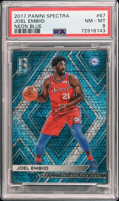 2017-18 Panini Spectra Joel Embiid Neon Blue #67 card image