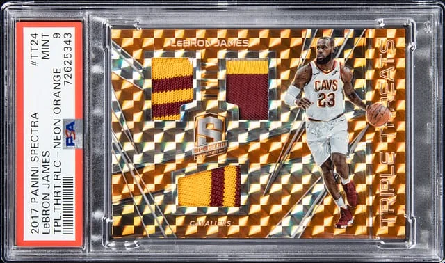2017-18 Panini Spectra LeBron James Triple Threats Relics Neon Orange #TT-24 card image