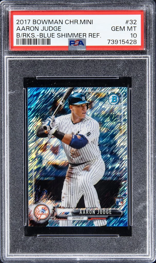 2017 Bowman Chrome Aaron Judge Mini Rookies Blue Shimmer Refractor #32 card image
