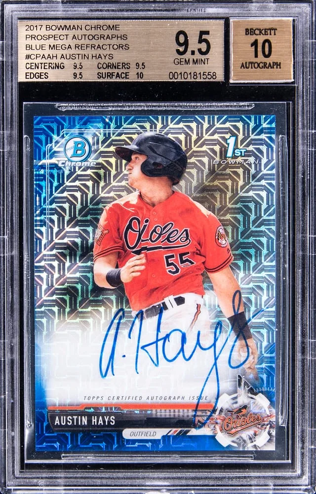 2017 Bowman Chrome Austin Hays Blue Mega Refractors Autographs #CPA-AH card image
