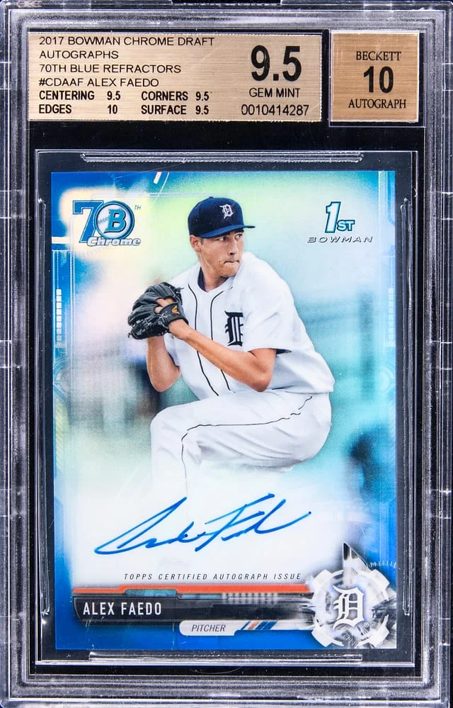 2017 Bowman Chrome Draft Alex Faedo 70th Blue Refractor #CDA-AF card image