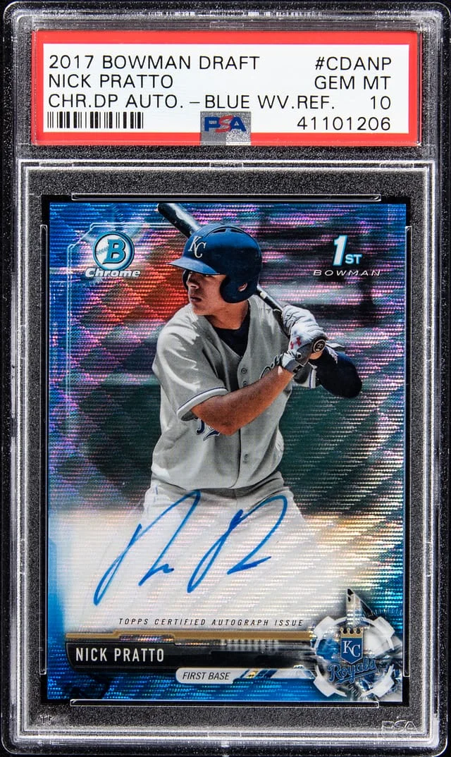 2017 Bowman Chrome Draft Nick Pratto Pick Autographs Blue Wave Refractor #CDANP card image