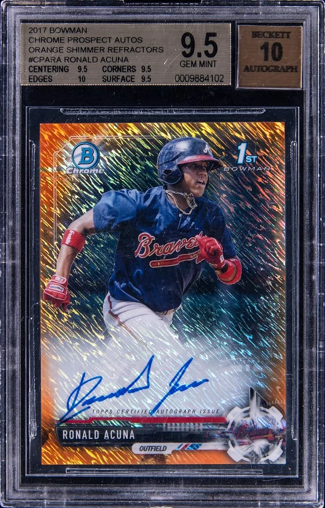 2017 Bowman Chrome Ronald Acuna Prospect Autographs Orange Shimmer Refractor #CPA-RA card image