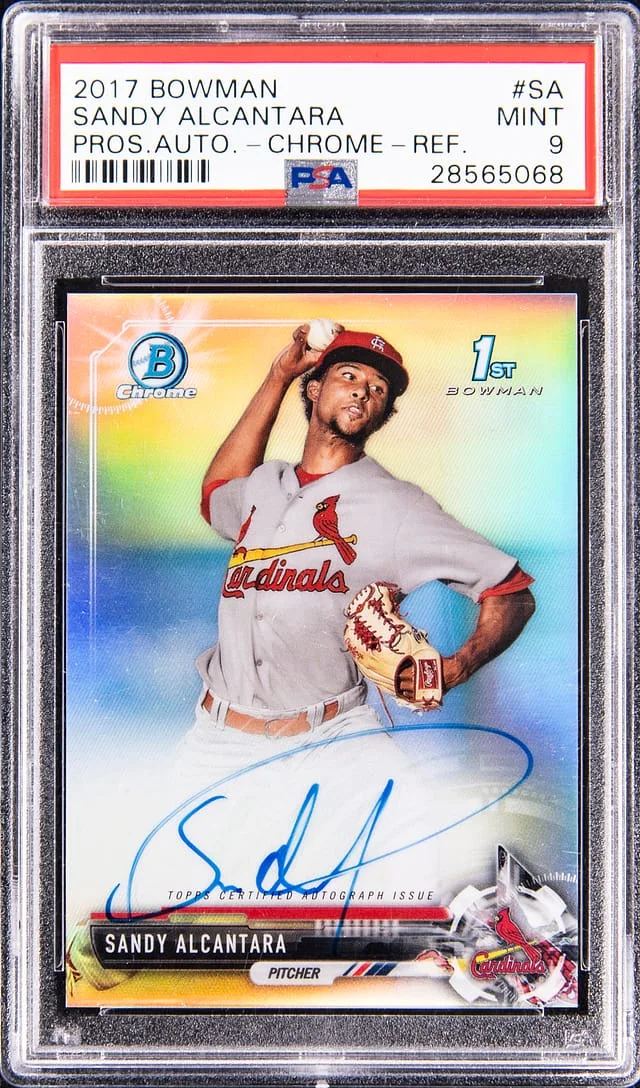 2017 Bowman Chrome Sandy Alcantara Prospect Autographs Refractor #CPA-SA card image