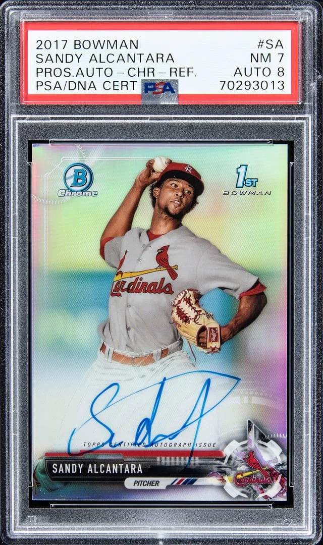 2017 Bowman Chrome Sandy Alcantara Prospect Autographs Refractor #SA card image