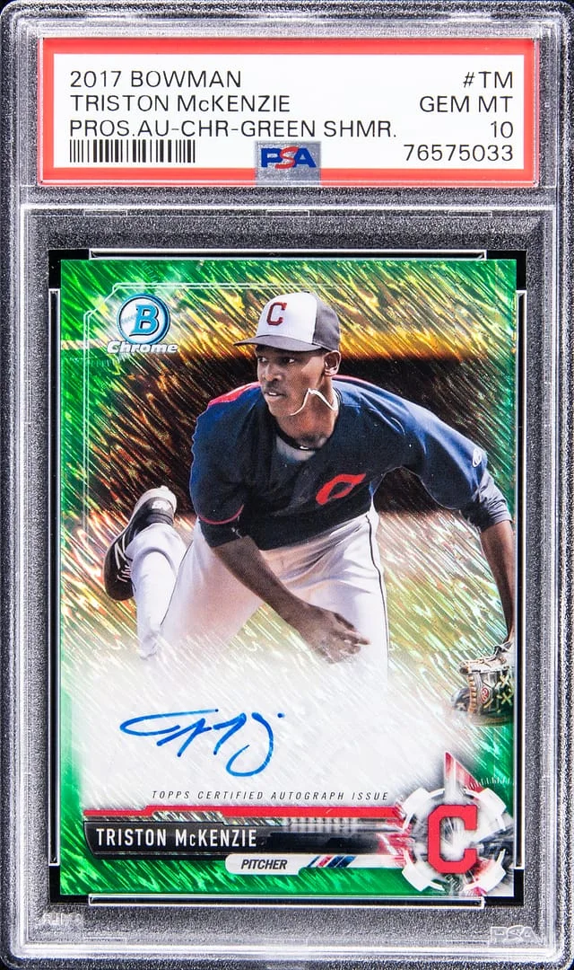 2017 Bowman Chrome Triston McKenzie Prospect Autograph Green Shimmer #CPA-TM card image