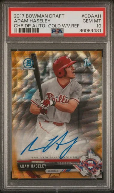 2017 Bowman Draft Adam Haseley Chrome Draft Picks Autographs Gold Wave Refractor #CDAAH card image