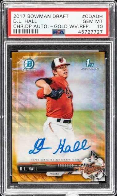2017 Bowman Draft D.L. Hall Chrome Draft Picks Autographs Gold Wave Refractor #CDADH card image