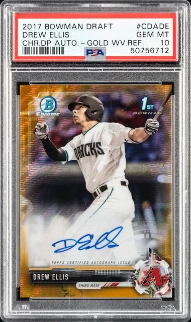 2017 Bowman Draft Drew Ellis Chrome Draft Picks Autographs Gold Wave Refractor #CDADE card image