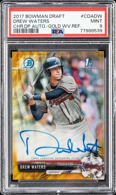 2017 Bowman Draft Drew Waters Chrome Draft Picks Autographs Gold Wave Refractor #CDADW card image