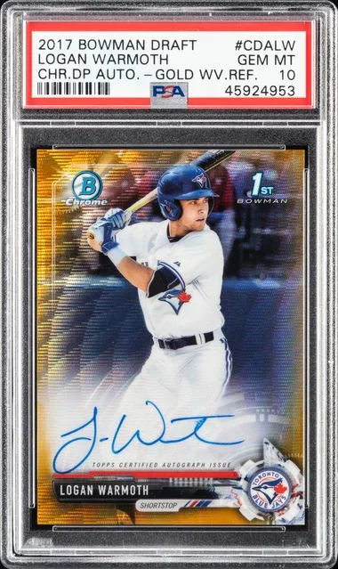 2017 Bowman Draft Logan Warmoth Chrome Draft Picks Autographs Gold Wave Refractor #CDALW card image
