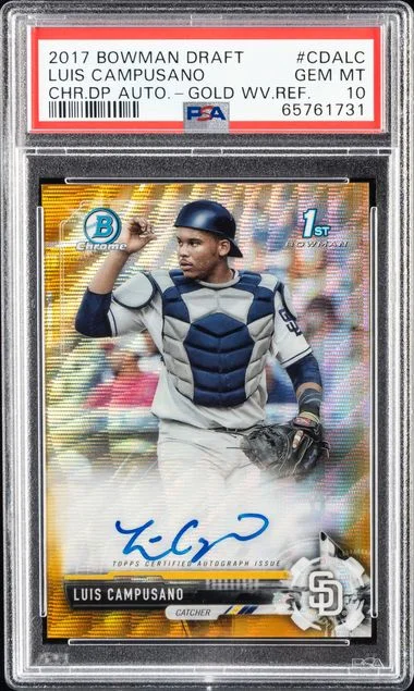 2017 Bowman Draft Luis Campusano Chrome Draft Picks Autographs Gold Wave Refractor #CDA-LC card image