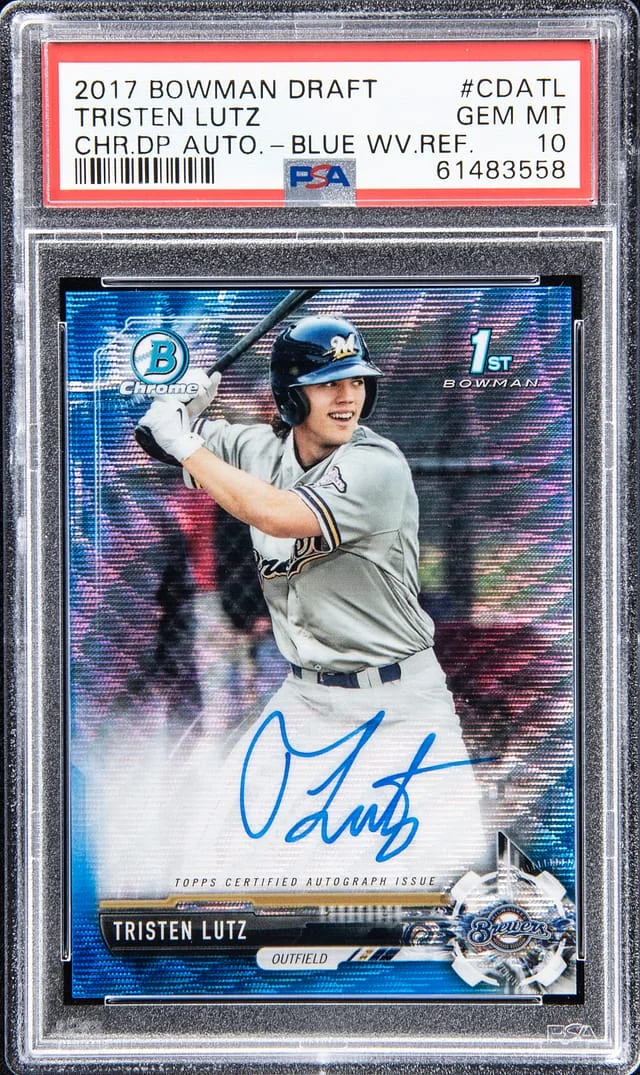 2017 Bowman Draft Tristen Lutz Chrome Draft Pick Autograph Blue Wave Refractor #CDA-TL card image