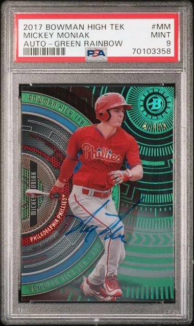 2017 Bowman Mickey Moniak High Tek Autograph Green Rainbow #BHT-MM card image