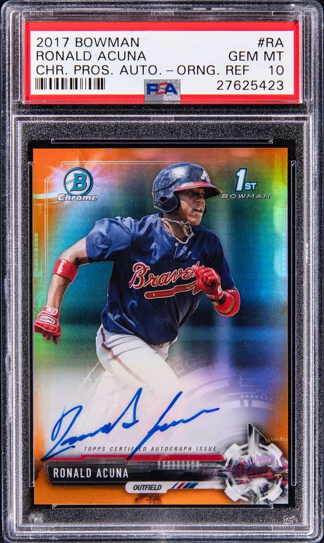 2017 Bowman Ronald Acuna Jr. Prospect Autographs Chrome Purple Refractor #CPA-RA card image