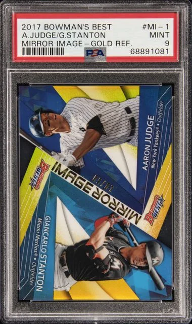 2017 Bowman's Best Aaron Judge/Giancarlo Stanton Mirror Image Gold Refractor #MI-1 card image