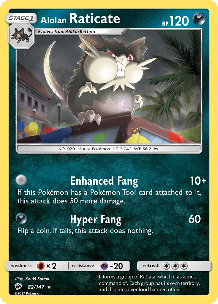 2017 Burning Shadows Alolan Raticate Rare #082/147 Rare card image