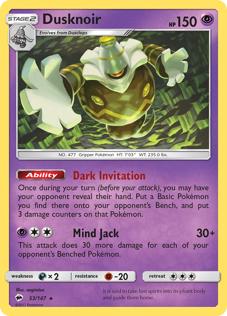2017 Burning Shadows Dusknoir Rare Holo #053/147 Rare Holo card image