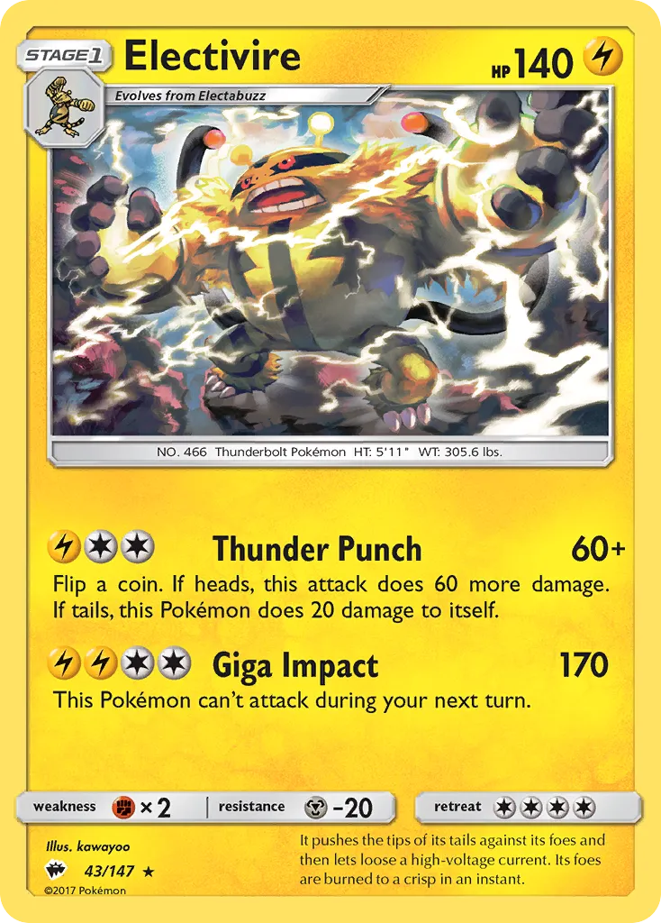 2017 Burning Shadows Electivire Rare #043/147 Rare card image