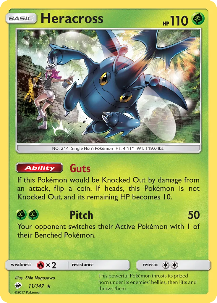 2017 Burning Shadows Heracross Rare #011/147 Rare card image