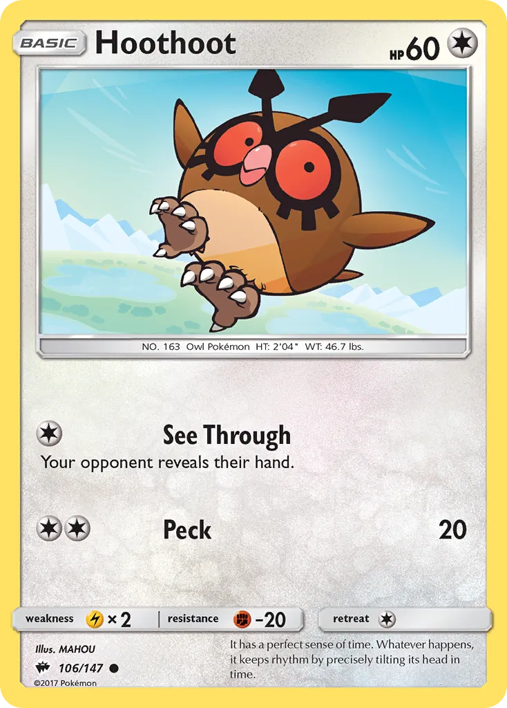2017 Burning Shadows Hoothoot Common #106/147 Common card image