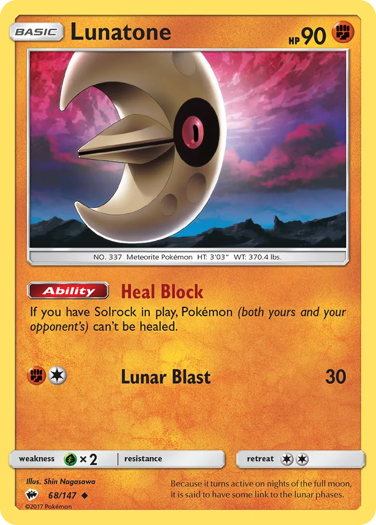 2017 Burning Shadows Lunatone Uncommon #068/147 Uncommon card image