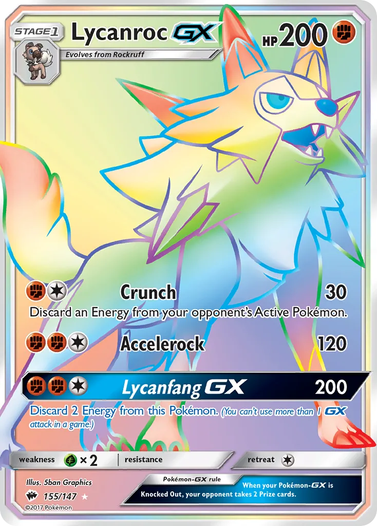 2017 Burning Shadows Lycanroc-GX #155/147 Rare Rainbow card image