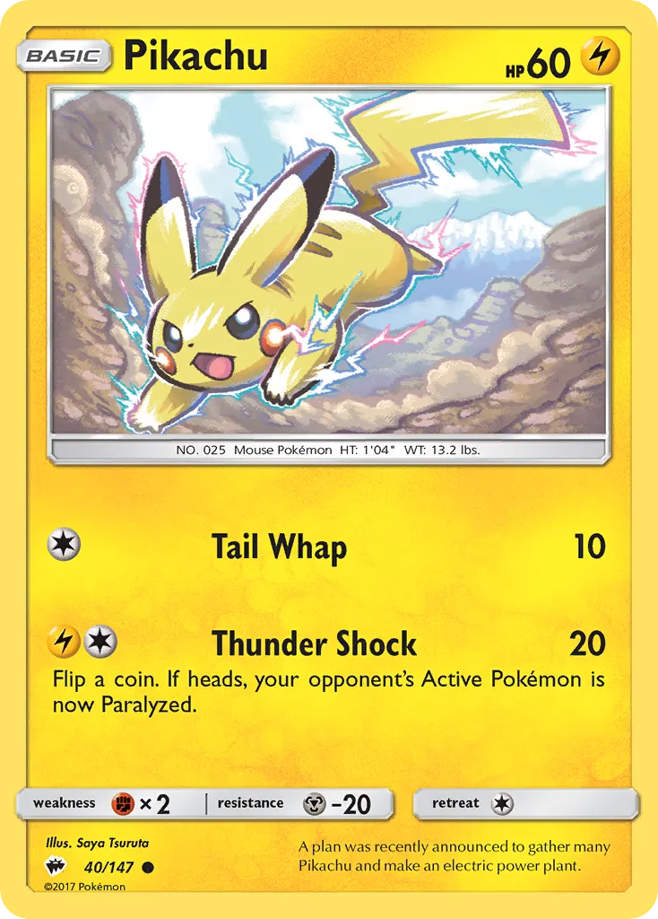 2017 Burning Shadows Pikachu Common #040/147 Common card image