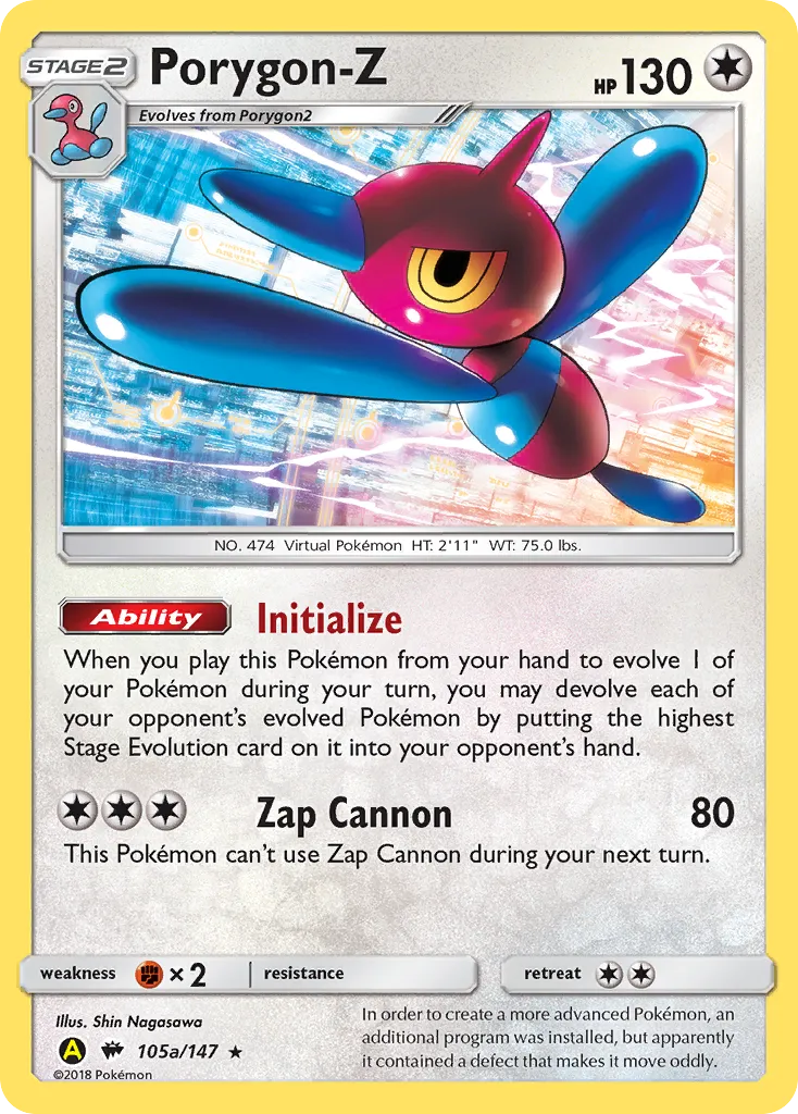 2017 Burning Shadows Porygon-Z #105A/147 Rare Holo card image