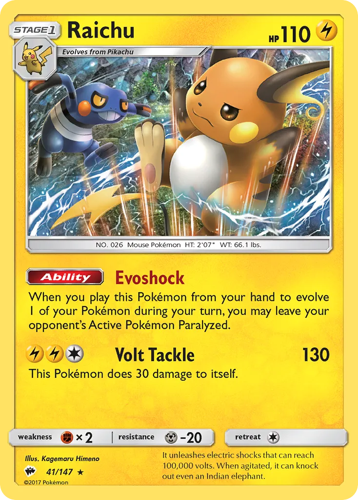 2017 Burning Shadows Raichu Rare Holo #041/147 Rare Holo card image